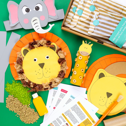 Safari Activity Kit contents: paper plate lion, elephant and giraffe crafts, safari sensory tray materials and instruction cards