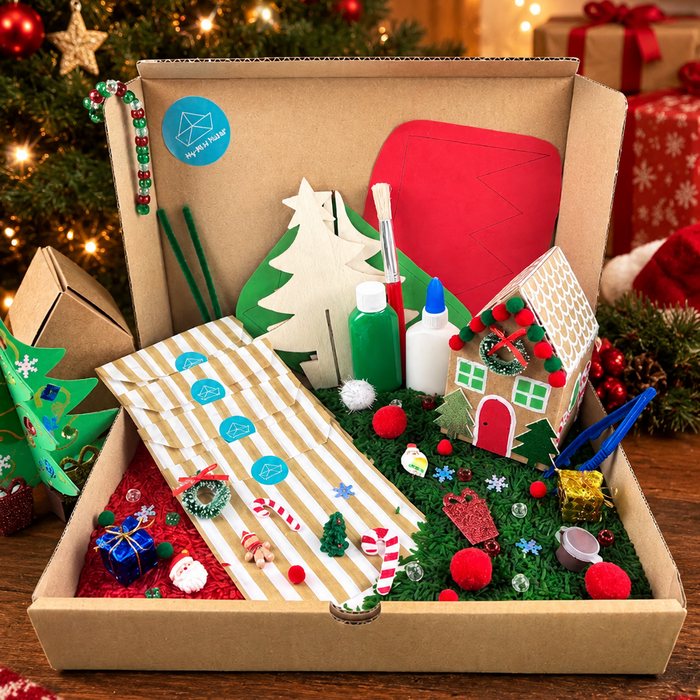 Christmas Activity Kit with a gingerbread house, wooden tree and elf hat templates