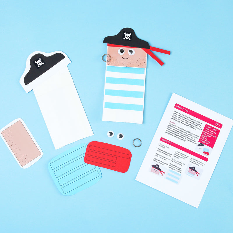 Pirate-themed craft kit for children age 3-7 that practices cutting, fine motor skills. and reading simple instructions on a blue background