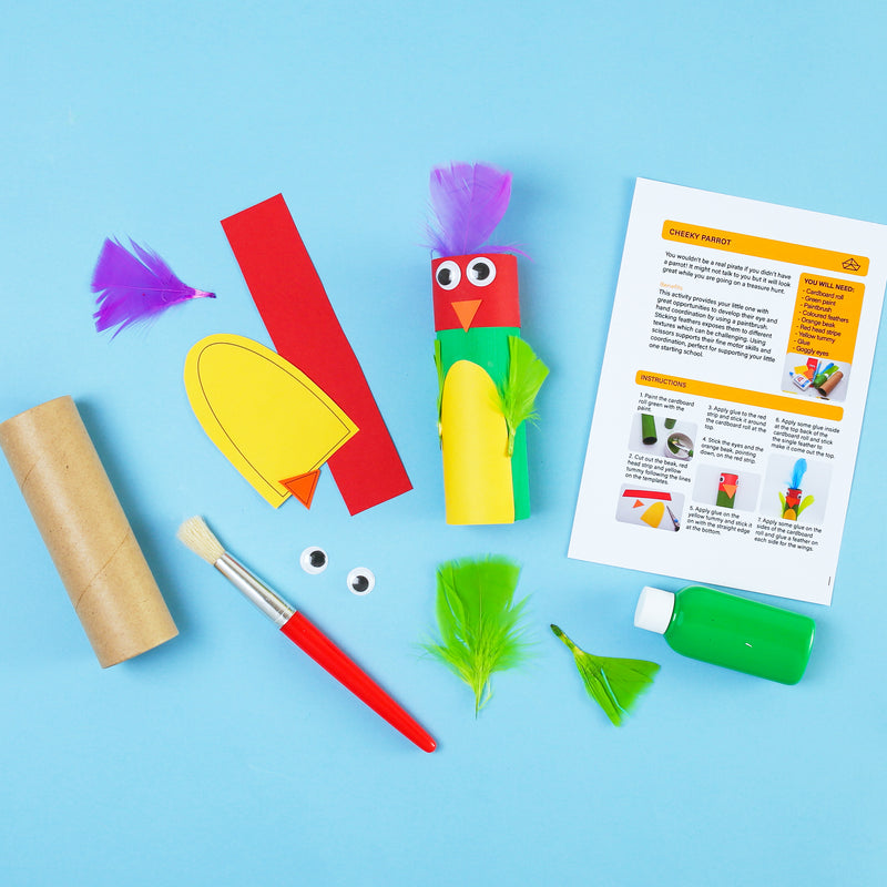 Craft materials and instructions included to make a Parrot from My Mini Maker ,a craft subscription box UK