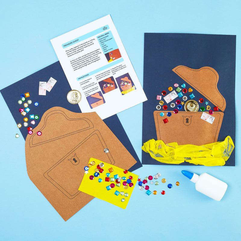 My Mini Maker craft kit treasure chest, gems, and instructions on a blue background