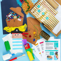 Craft kit with pirate-themed items on a blue background