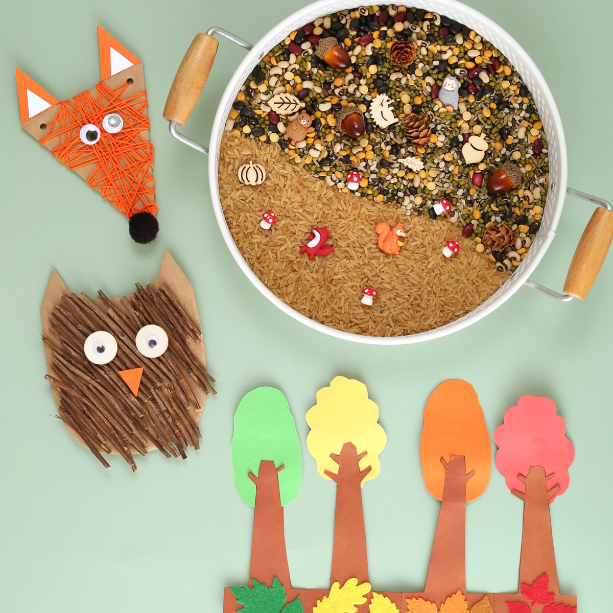 Autumn craft box for kids including fox, owl, paper trees, and sensory play – seasonal kids crafts and activities.