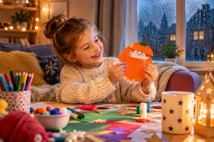 Child holding hand-made pumpkin craft