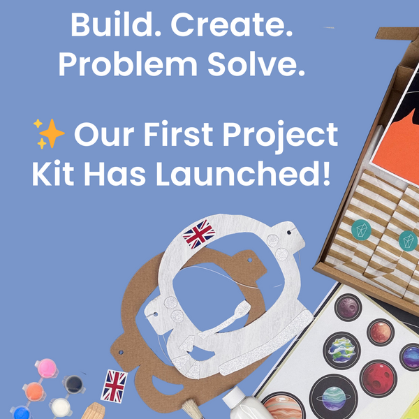 Space Project Kit launch graphic: astronaut mask craft and paints with the words Build, Create, Problem Solve