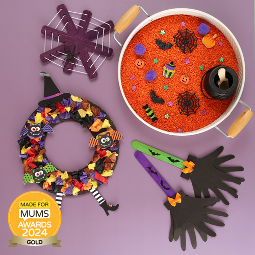 Halloween-themed items including a wreath, sensory tray, and decorations on a purple background with a 'Made for Mums Awards 2024 Gold' badge. My Mini Maker Halloween craft kit for kids .