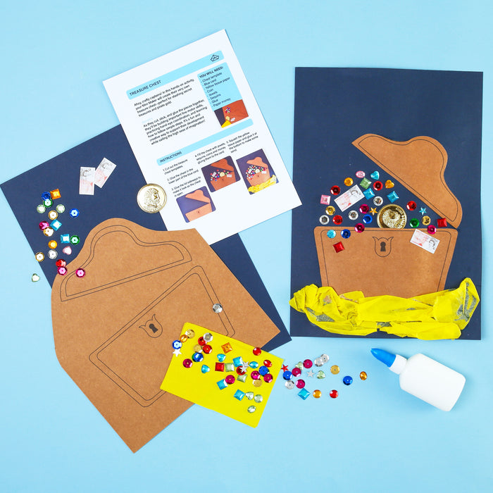 My Mini Maker craft kit treasure chest, gems, and instructions on a blue background