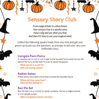 Sensory Story Club activity sheet included with the Halloween Sensory Kit, with storytelling prompts about vampire pom-poms, rotten bones and Boz the Bat