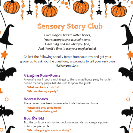 Sensory Story Club activity sheet included with the Halloween Sensory Kit, with storytelling prompts about vampire pom-poms, rotten bones and Boz the Bat