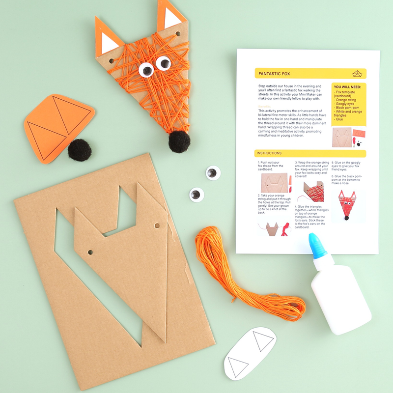 Fox string art craft box with cardboard, wool, and googly eyes – fun kids crafts and craft ideas for kids.