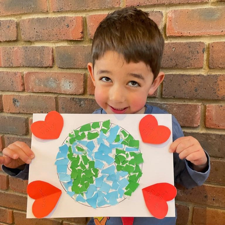 Earth craft: a printable Earth template coloured blue and green with a red paper heart