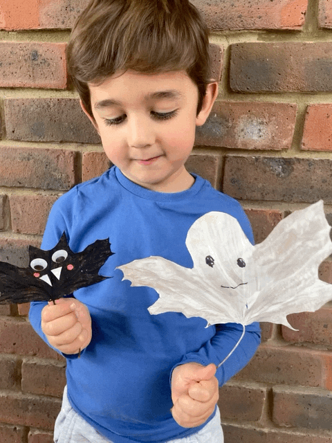 Painted leaves turned into Halloween ghosts and bats