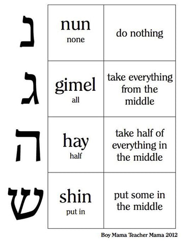 Cardboard dreidel made from a cereal box and a pencil, with the four Hebrew letters