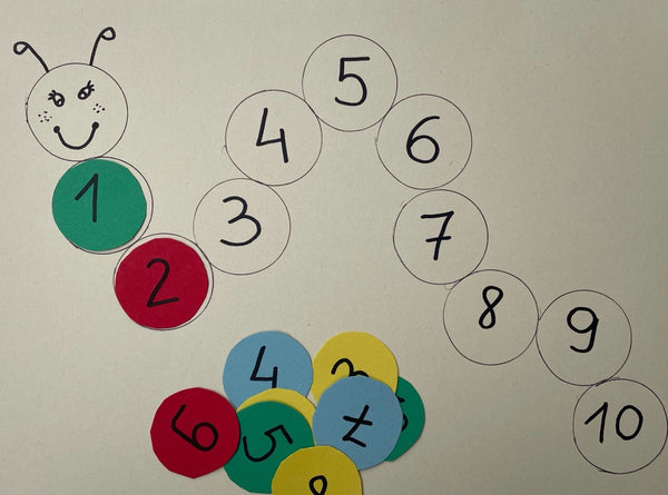 Hungry caterpillar counting activity with numbered paper circles
