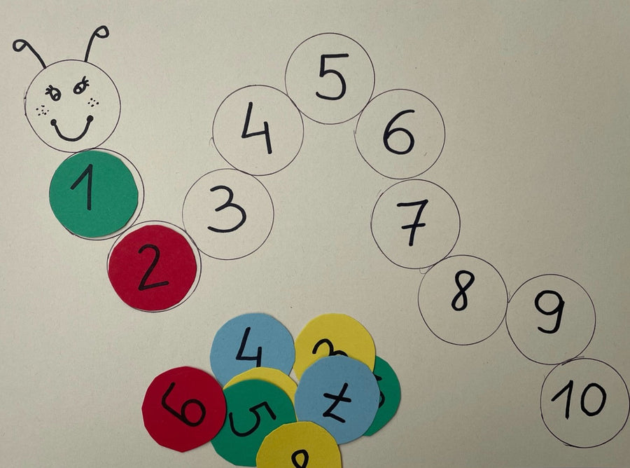 Hungry caterpillar counting activity with numbered paper circles