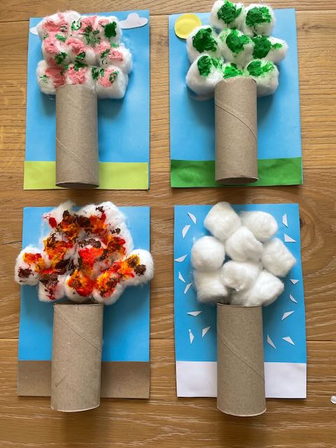 Finished winter, spring, summer and autumn trees with painted cotton wool leaves