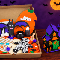 Halloween Project Kit box containing a toilet roll bat, a ghost-in-a-pumpkin craft, a wooden mummy wrapped in white string, a cauldron and orange sensory rice, with the finished painted haunted house alongside