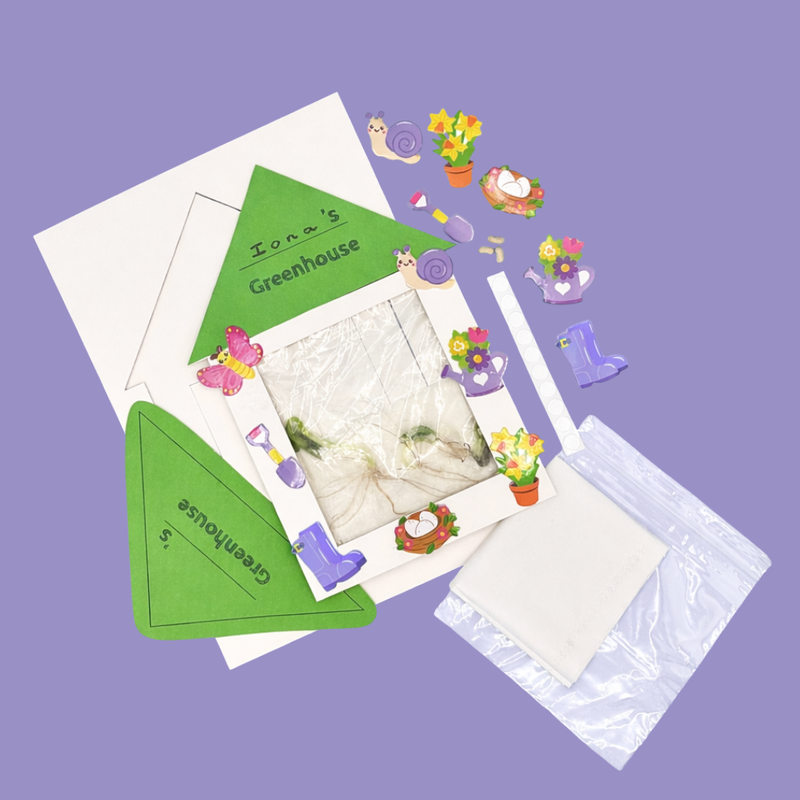 Children’s greenhouse planting craft with seeds growing – educational spring activity for kids, understanding the world EYFS activity, kids gardening craft kit UK.