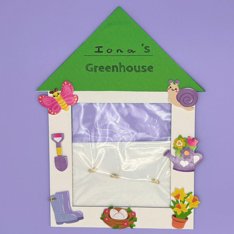 Children’s greenhouse planting craft with seeds growing – educational spring activity for kids, understanding the world EYFS activity, kids gardening craft kit UK.