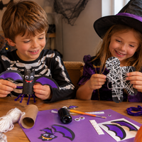 A boy in a skeleton top and a girl in a witch hat holding up the bat and mummy crafts they have made from the Halloween Activity Kit