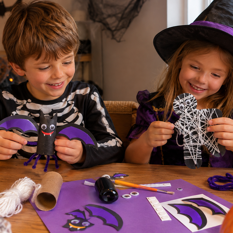 A boy in a skeleton top and a girl in a witch hat holding up the bat and mummy crafts they have made from the Halloween Activity Kit