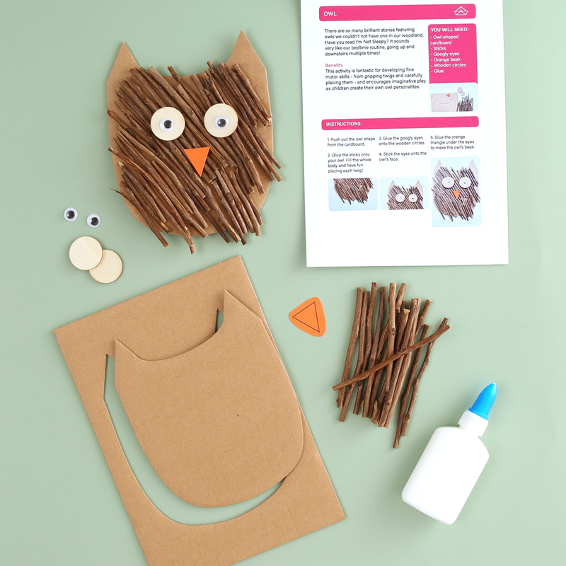 Owl cardboard craft kit with twigs, glue, and googly eyes – easy craft ideas for kids and fun crafts for kids.