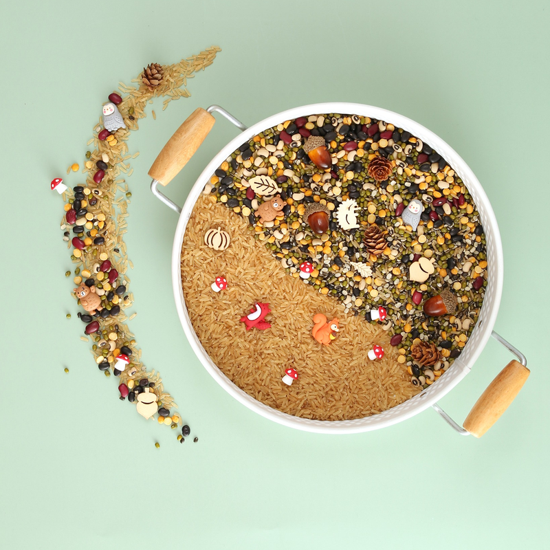 Close-up of autumn sensory play tray with rice, beans, and woodland animals – creative autumn kids crafts and craft ideas for kids.