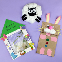 Spring craft kit for kids showing greenhouse planting activity, bunny craft and sheep craft – educational craft kit for children aged 3–7, EYFS activities at home.