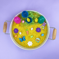 Spring sensory play tray for kids with coloured rice, chicks, eggs and mini toys – sensory play kit for children aged 3–7, EYFS learning activity, craft kits UK.