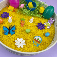 Spring sensory play tray for kids with coloured rice, chicks, eggs and mini toys – sensory play kit for children aged 3–7, EYFS learning activity, craft kits UK.